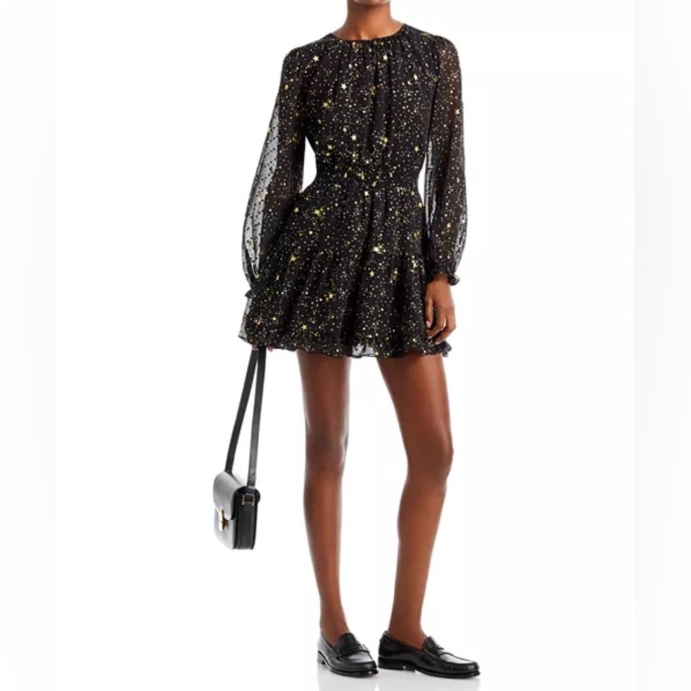 Aqua Metallic Star Print Black And Gold Mini Dress. Pre-Owned.